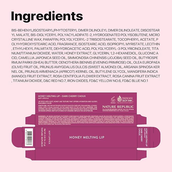 Nature Republic HONEY MELTING LIP (08 DARK CHERRY CHOUX) SOFT LIP STICK, Hydrating Gloss, Moisturizing balms, Sheer tint, Shine & Nude, Glowy Finish, korean make up