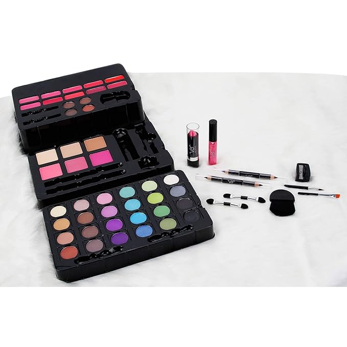 55pcs Makeup Gift Set Kit Train Case With Extendable Trays (eyeshadow, Blushes, Lipstick & More) - Vmk1304, White Glitter