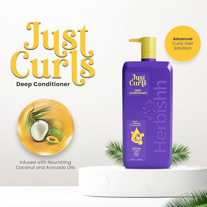 Herbishh Just Curls Deep Conditioner for Curly, Wavy Hair, 500ml, Avocado & Coconut Oil, Vegan, Curlfaction & Dry Damaged, Detangler