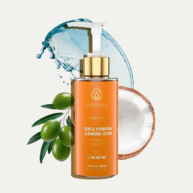 Hylunia Skincare Gentle Cleansing Lotion 5.1 oz with Hyaluronic Acid & Olive Oil Squalene – Hydrating, Non-Drying, pH Balanced Facial Cleanser for Sensitive & Mature Skin, Makeup Remover