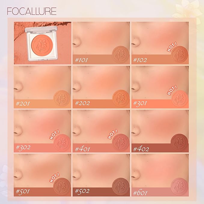 FOCALLURE Powder Palette Blush, Matte Mineral Blush Powder, Bright Shimmer Face Blush Makeup, Contour and Highlight Blush Palette, Highly Pigmented, Long Lasting, Waterproof, Blendable, #501