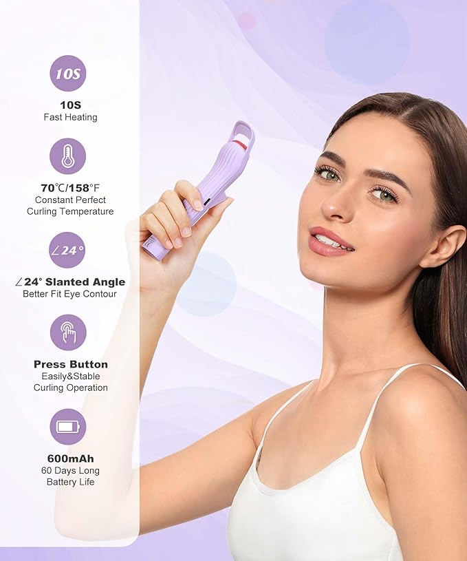 Heated Eyelash Curler Pro,Heated Lashes Curler with 149°F /167°F Heat Settings, Heat Eye Lashes Curler with Food-Grade Silicone pad and Rechargeable 600mAh Battery (Violet)