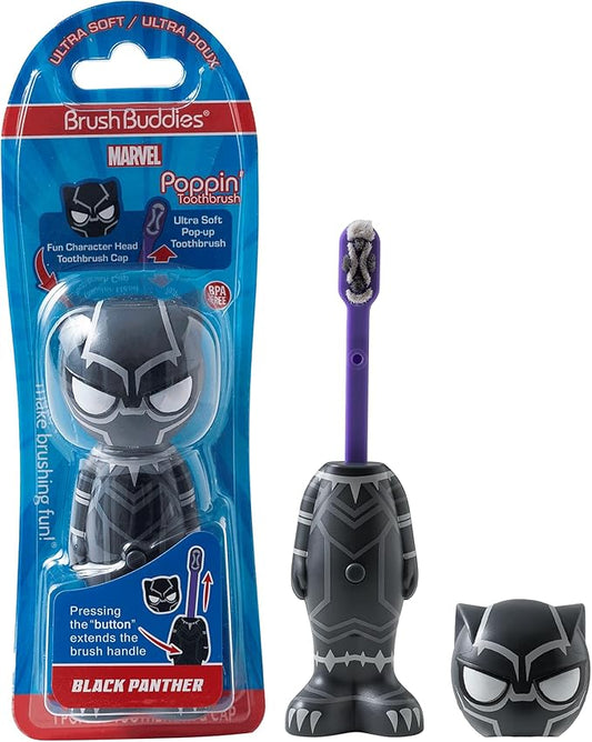 Brush Buddies Marvel Black Panther Kids Toothbrush, Soft & Rounded Bristles, Poppin' Fun Superhero Toothbrush