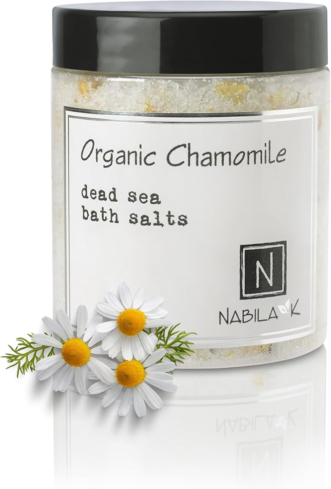 Organic Chamomile Bath Salts by Nabila K - Dead Sea Salt & Epsom Salt Scrub & Soak - Exfoliates & Hydrates Skin, Botanical Essential Oils - Bubble Bath Accessories for All Skins Types, 2 oz
