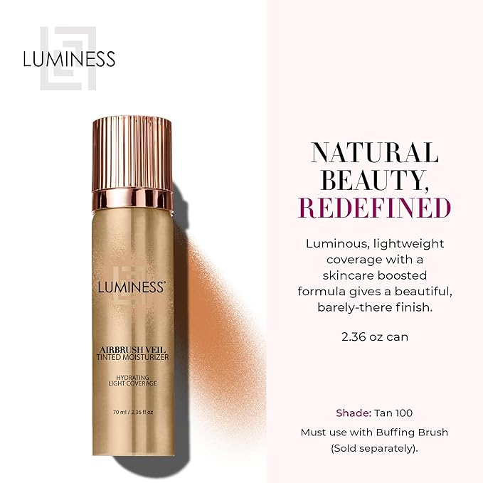LUMINESS Airbrush Veil Tinted Moisturizer, Tan 100 - Lightweight, Hydrating, & Skin-Plumping Face Moisturizer Spray - Facial Skin Tint with Hyaluronic Acid Ceramides, Glycerin, Aloe & Hydrolyzed Silk