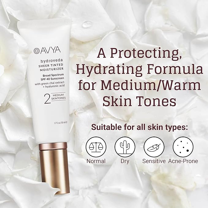 AVYA SPF 40 Sheer Tinted Moisturizer with Hyaluronic Acid & Green Chai – Advanced Ayurvedic Skincare Treatment for Balanced and Brighter Skin/Medium Skintones Shade #2 (1.7oz/50ml)