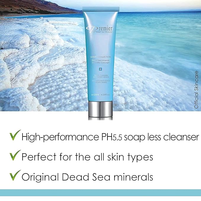 Premier Dead Sea Facial Cleanser with Micro Grains, Luxury collection foaming face wash, daily use skin care, nondrying, anti-aging Skin Care with aloe vera, witch hazel, Dermatologist Tested 4.4fl oz