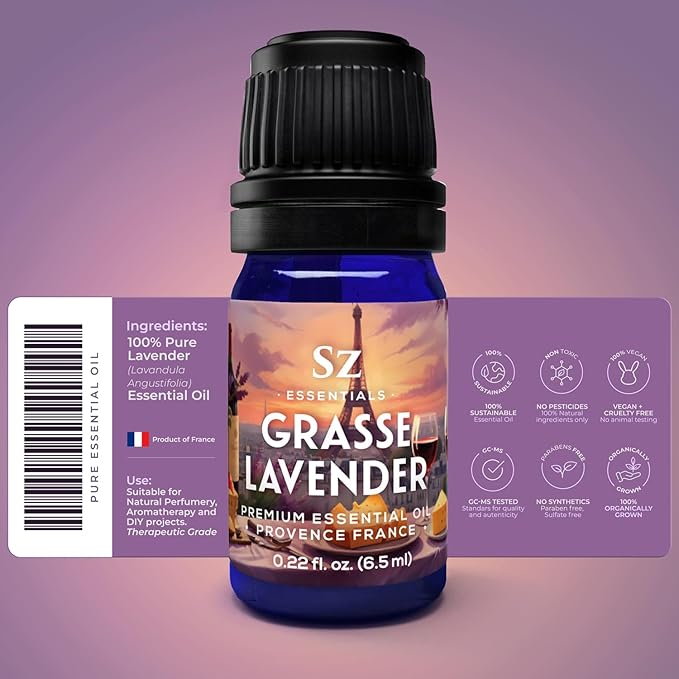Grasse Lavender Essential Oil - France - Beautiful Floral Lavender Scent with Pine Notes - Lavandula stoechas - 100% Pure & Undiluted - Aromatherapy- Therapeutic Grade & Vegan 0.22 oz