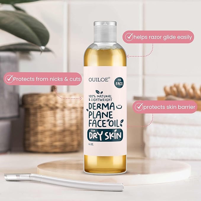 Dermaplane Kit for Women with Dry Skin - Face Shaving Oil and Razor Set - Non Comedogenic, Fragrance Free, Natural and Lightweight by Ouiloe