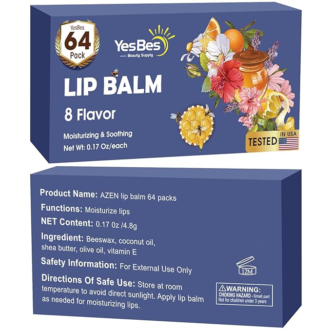 64 Pack Lip Balm, Natural Lip Flavors