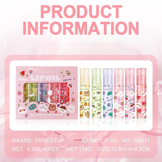 6pcs Fruit Flavored Lip Gloss Set, Roll on Lip Gloss Set Kids Lip Gloss Cute Lip Oil for Girls, Glossy and Shiny Non-Toxic, Kid Friendly, Kids Gift