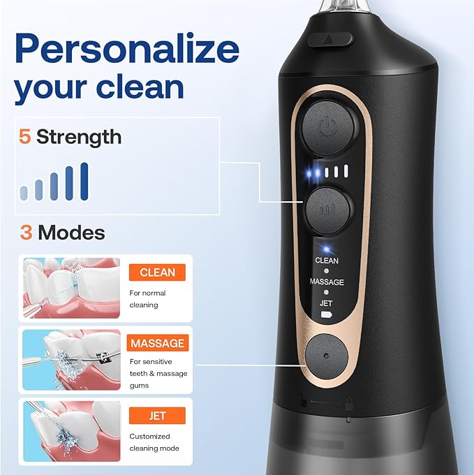 Bitvae Water Dental Flosser Pick for Teeth, Rechargeable Cordless Water Flosser, 3 Modes 5 intensities, 300ML Portable IPX7 Waterproof, 40 Days Powerful Battery Life for Home Travel, Black-Gold