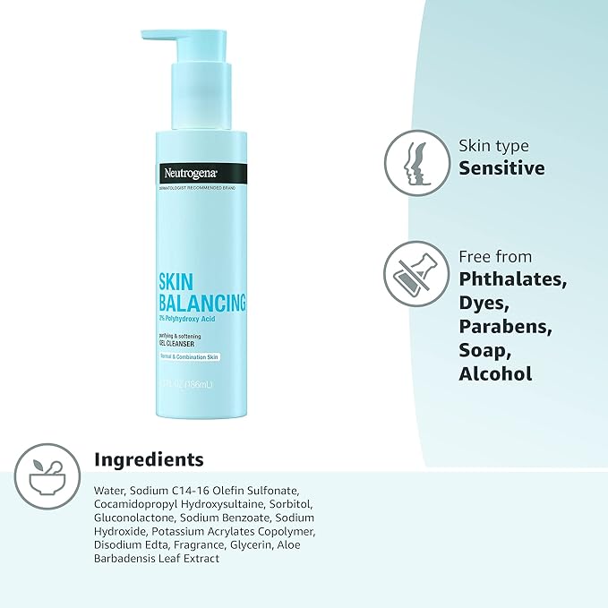 Neutrogena Skin Balancing Purifying Gel Cleanser with 2% Polyhydroxy Acid (PHA), Softening Face Wash for Normal & Combo Skin, Paraben-Free, Soap-Free, Sulfate-Free, 6.3 oz