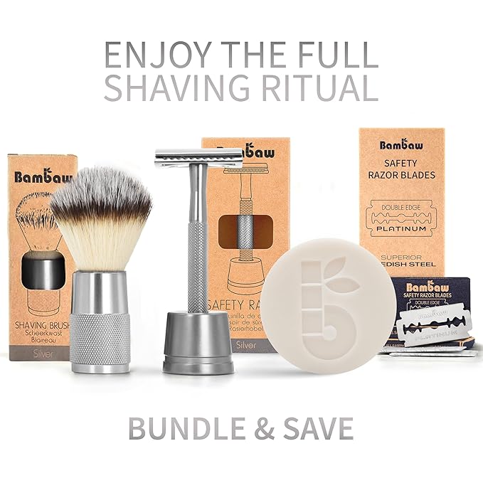 Bambaw Double Edge Safety Razor for Men with Stand, Reusable Metal Razor with 5 Double Edge Blades, Single Blade Razors for Men & Women – Silver