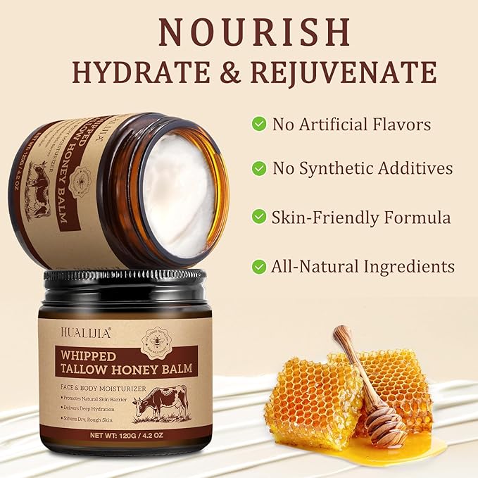 Organic Beef Tallow for Skin, Tallow Face Moisturizer, Tallow and Honey Balm, Grass-Fed Whipped Beef Tallow and Honey Cream, Deeply Moisturizing for Face & Body, Suitable for Dry & Aging Skin,4.2 oz