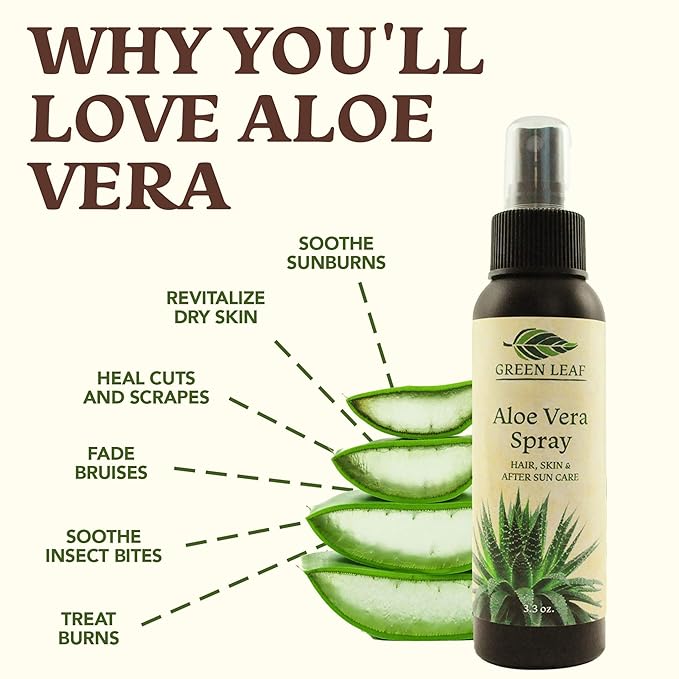 Aloe Vera Spray for Hair | Travel Size | Skin & Face Moisturizer |Fast Absorption| After Sun Care, Sunburn Relief & |3.3oz| Cold pressed - Aloevera Body Spray | Pure Aloe Vera Skin Care by Green Leaf