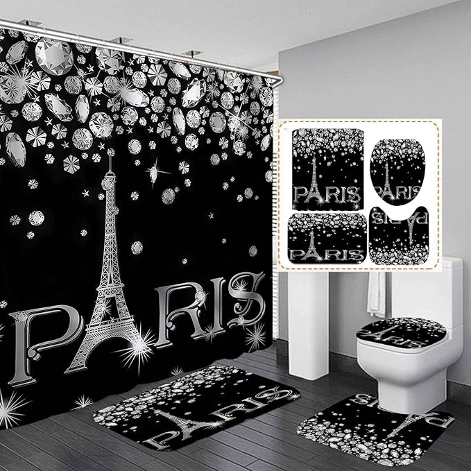 4PCS Eiffel Tower Shower Curtain Set, Luxury Jewelry Rhinestone Bling Diamond Paris Bathroom Decor, Waterproof Fabric Black Shower Curtain, Non-slip Bath Mat Toilet Lid Cover Bathroom Rugs
