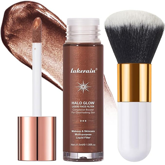 Natural Glow Liquid Filter Makeup, Longwear Face Luminizer, Complexion Booster For Any Part of the Body, Liquid Highlighter with Brush Kit, Infused Hyaluronic Acid, 1.06 fl oz (#08 RICH)