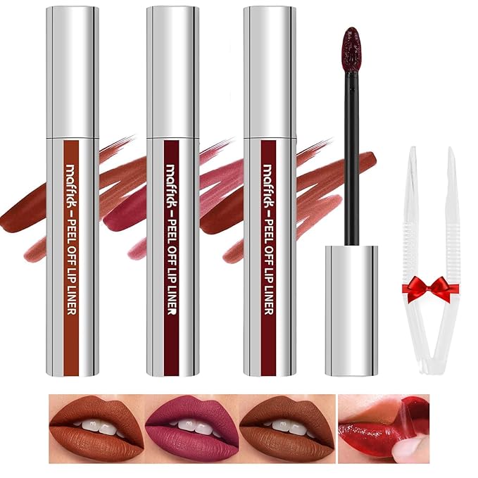 3PCS Peel Off Lip Liner Stain Set, Tattoo Lip Liner Peel Off Lip Stain with Tweezer, Long Lasting, Waterproof, Transfer-proof, Highly Pigmented Matte Finish Lip Tint Stain