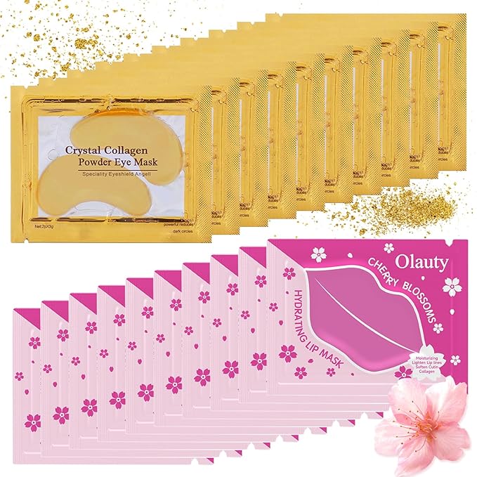 20 Pieces Lip Masks&24K Gold Under Eye Masks,Crystal Collagen Gel Eye Masks,Moisturizing Cherry Blossom Lip Patches Skin Care,Reducing Fine Lines & Dark Circle for Puffy Eyes,Birthday for Women