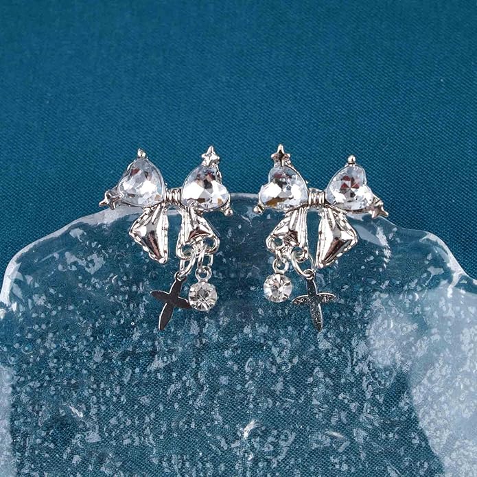 Vintage Crystal Bow Earrings Black Onyx Stud Earrings Silver Tiny Cross Drop Earrings Sparkly Cz Rhinestone Bow Earrings Jewelry for Women