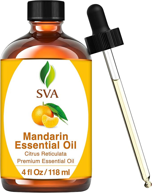 SVA Mandarin Essential Oil – 4 Fl Oz – 100% Natural Mandarin Oil - for Diffuser, Hair Care, Face, Skin Care, Aromatherapy, Scalp and Body Massage, Soap and Candle Making – with Dropper