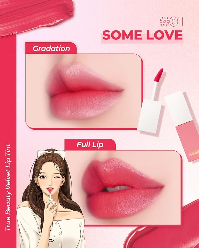 AMTS Webtoon True Beauty - 01 Some Love | Pink Lip Tint Stain | High Pigment Liquid Waterful Shine Non-Sticky Long-Wearing Long-Lasting | True Beauty Cute Pink Makeup