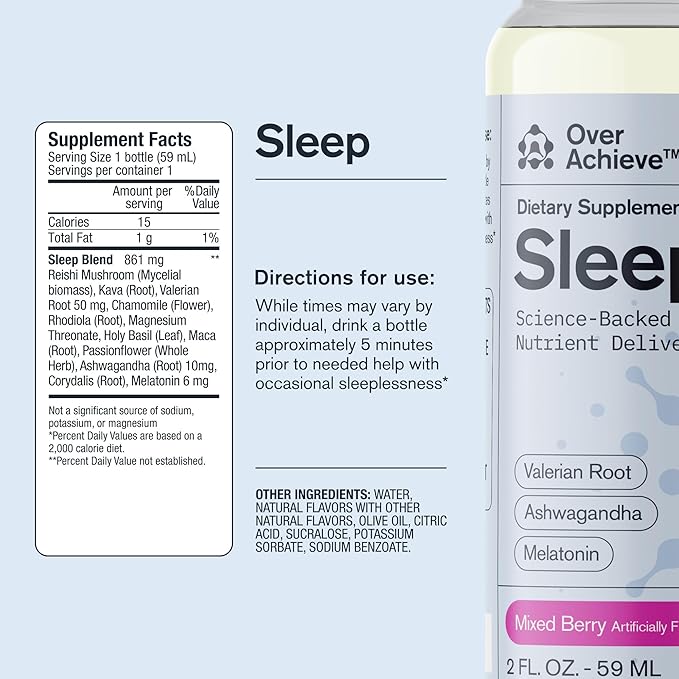 Sleep Drink with Advanced Nanoscience Technology - Contains Melatonin, Ashwagandha and Valerian Root - 12 Pack Liquid Sleeping Aid Help Fall Asleep Faster, Mix Berries 2oz