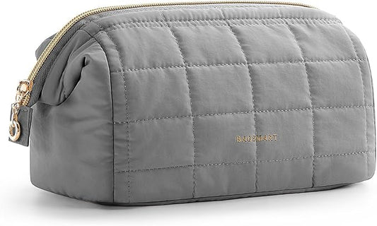 BAGSMART Makeup Bag Travel Toiletry Bag, Puffy Padded Make Up Bags for Women Makeup Organizer Case, Wide-open Pouch Purse Travel Essentials Toiletries Accessories Brushes, Gray