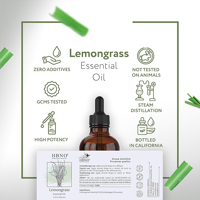 HBNO Organic Lemongrass Essential Oil - Huge 4 oz (120ml) Value Size - USDA Certified Organic Lemongrass Essential Oil, Perfect for Aromatherapy, Soap Making, DIY, Diffuser