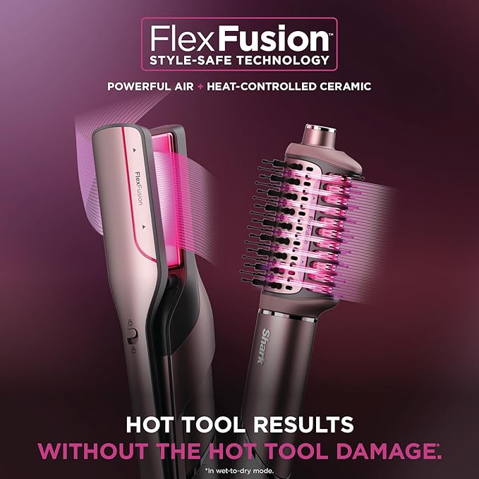Shark FlexFusion Hair Straightener & Powerful Hair Dryer with Diffuser, Fusion Hair Brush, Ceramic Air Styler with Auto-Wrap Hair Curlers, Ceramic Plates, Cosmic Blush HD642S