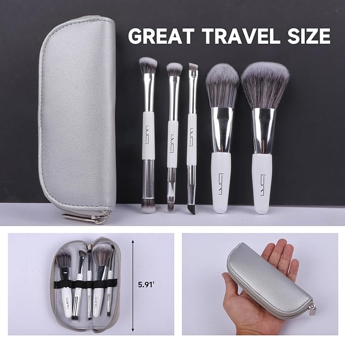 Travel Makeup Brushes Set w/Pouch, 5PCS Double Ended Portable Mini Cosmetic Brushes Kit for Foundation, Eyeshadow, Lip, Blush Make Up Brushes Professional(White)