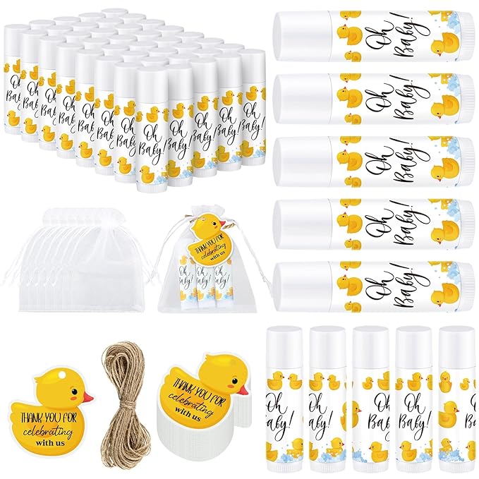 Demissle 50 Pcs Baby Shower Lip Balm Gift Set with 100 Pcs Organza Bags Baby Shower Party Favor for Guest Thank You Tag Rope Baby Shower Party Decoration Gender Reveal Souvenirs (Duck)