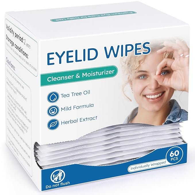 60-Count Eyelid Cleansing Wipes for Dry Eye & Blepharitis, tea tree oil Pre-Moistened Hypoallergenic EyeWipes for Sensitive Itchy Eyes, Individually Wrapped Eyelid Wipes Travel Essentials