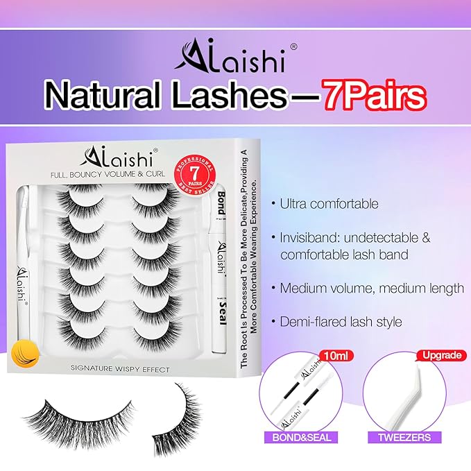 Wispy False Eyelashes Kit With Bond, Seal and Tweezer, 7 Pairs Natural Look Fake Cat Eye Lashes Strips Thin Band Extensions Waterproof Easy Eyelashes for Beginners RQ45