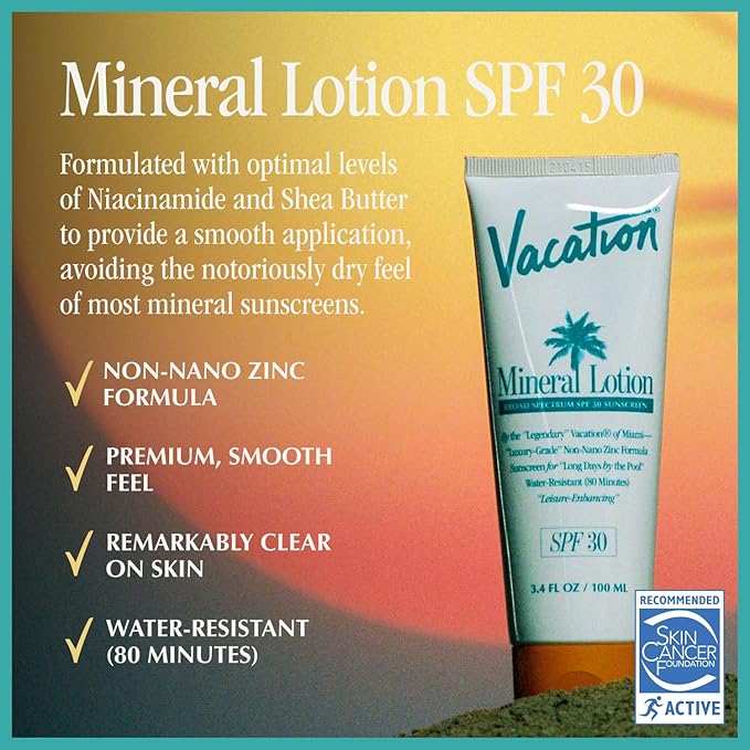 Vacation Mineral Lotion Sunscreen SPF 30 + Air Freshener Bundle, Premium Zinc Sunscreen For Sensitive Skin, Hydrating + Lightweight Mineral Based Sunscreen, Dermatologist Tested, 3.4 fl. Oz.