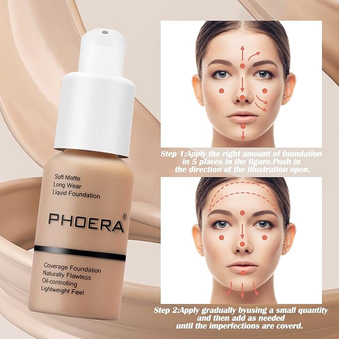 PHOERA Foundation Makeup Naturally Liquid Foundation Full Coverage Mattle Oil-Control Concealer 8 Colors Optional,Great Choice For Gift (#102 Nude,30ml)