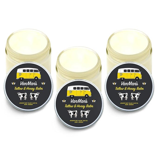 Vanman's Tallow and Honey Balm With No Added Scent (3 Pack) - Beef Tallow Face Moisturizer with Grass-Fed/Finished Beef Tallow for Skin, Organic Raw Honey and Beeswax, Cold Pressed Olive Oil - 2.5 oz