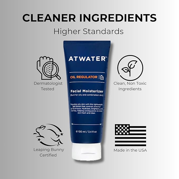 ATWATER Mens Face Moisturizer with Oil Control Complex, Unscented Lightweight Formula - Mens Face Lotion for Oily Skin that Hydrates and Controls Shine - 3.4 oz (2 pack)