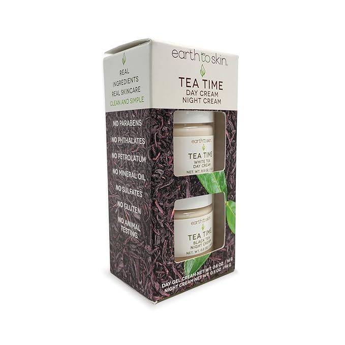 Earth To Skin Tea Time Mini Duo Set: White Tea Day Cream (0.5 Fl Oz) and Black Tea Night Cream (0.5 Fl Oz), All-Day & Night Hydration for Face and Neck (2 Pack)