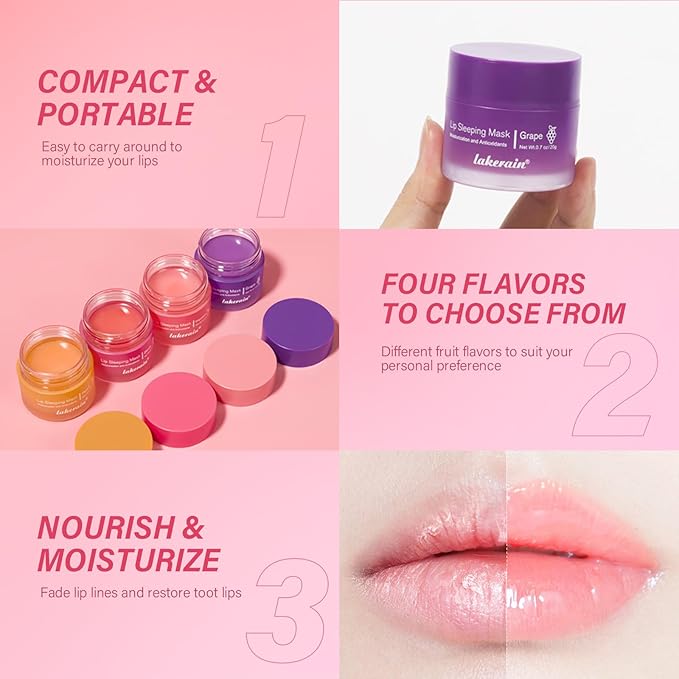 2Pcs Lip Glowy Balm and Lip Sleeping Mask Set, with 4 Flavor Options - Reduce Lip Lines, Enhance Lip Color, Hydrate & Plump Dry Chapped Lips Care (Grape)
