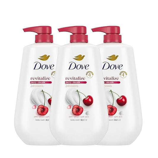 Dove Body Wash with Pump 3 Count Revitalizante Cherry & Chia Milk, for Renewed, Healthy Looking Skin,Moisturizing Gentle Skin Cleanser with 24hr Renewing MicroMoisture, 30.6 oz