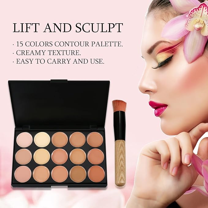 15 Colors Contour Palette Kit: Cream Concealer Palette Face Makeup Foundation Kit Contour Palette with Brush for Professional and Daily Use