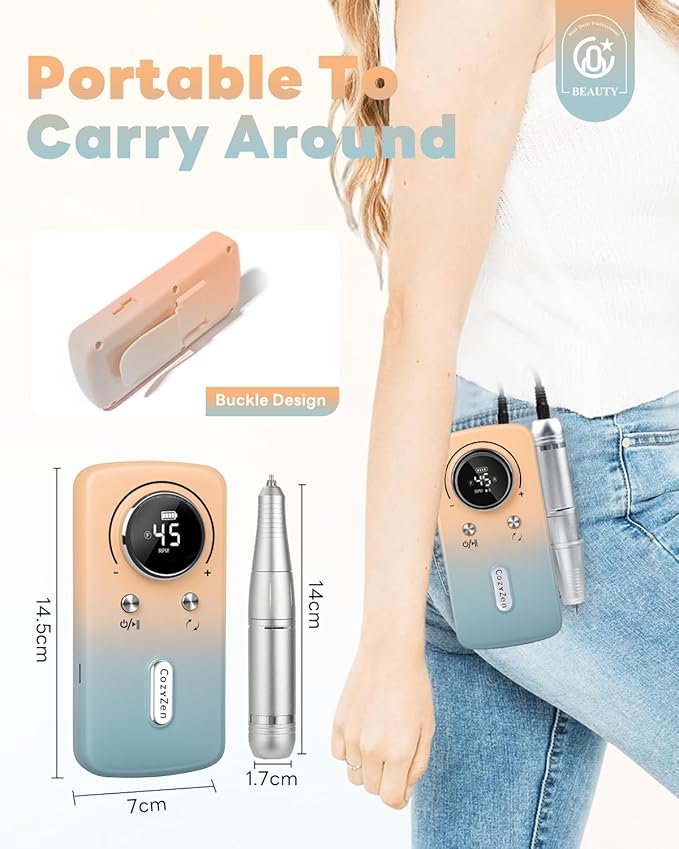 CozyZen Cordless Nail Drill Professional: 45000 RPM Rechargeable Electric Nail File Kit, Portable & Low Noise for Acrylic, Gel Nails, Manicure & Pedicure - Salon & Home Use
