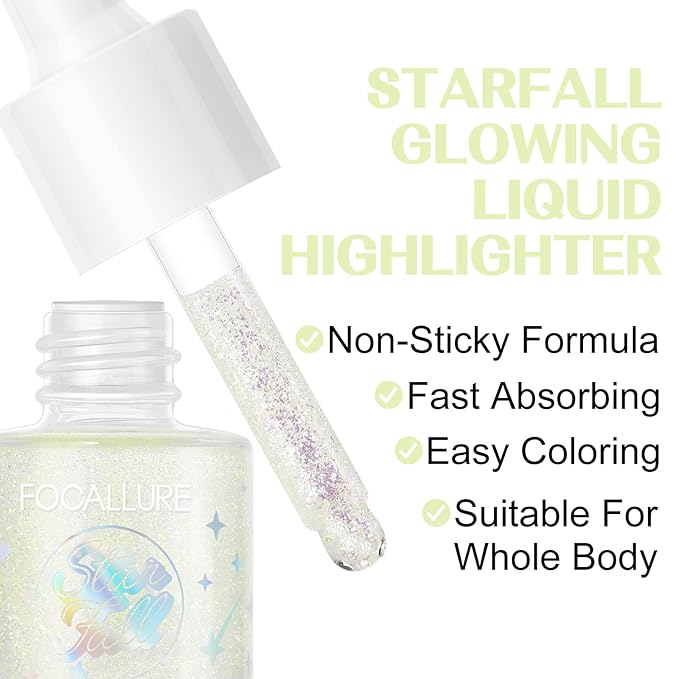 FOCALLURE Starfall Glowing Liquid Highlighter, Shimmering Body Oil, Non-Sticky Shimmer Liquid Luminizer, Non-Greasy, Face & Body Glitter Makeup for Costumes, Cosplay, Rave Festival, FIRELY FOREST
