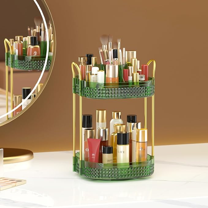 Awenia Rotating Makeup Organizer 360, Stackable Adjustable Large Capacity Cosmetic Storage Unit,Dresser Bathroom Kitchen Countertop Organizer with Metal Handle, Plus Size (Gem Green, 2 Tier)