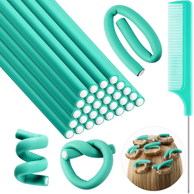 Syhood 30 Pcs 7'' Flexible Curling Rods Twist Foam Hair Rollers Soft Foam No Heat Hair Rods Rollers and 1 Steel Pintail Comb Rat Tail Comb for Women Long Short Hair(Lake Green,7 x 0.3 Inch)