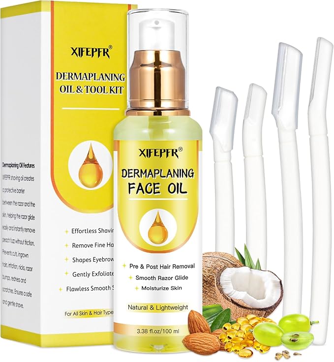 Dermaplaning Kit, Dermaplane Oil with Dermaplaning Tools, Shave Oil for Women, Softens Area Pre Shave & After Shave, Use with Face Razor, Face Shaver, Eyebrow Razor, Microblade