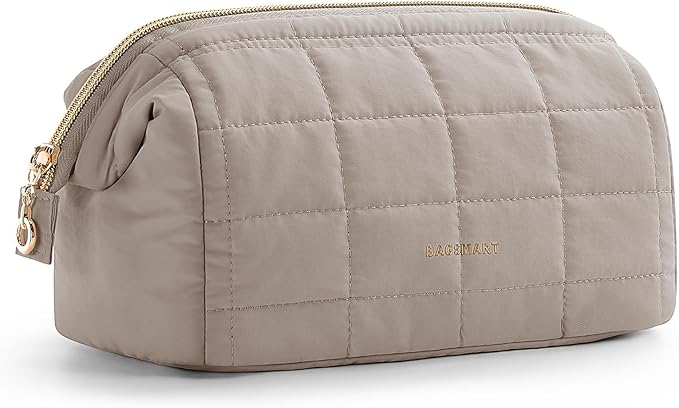 BAGSMART Makeup Bag Travel Toiletry Bag, Puffy Padded Make Up Bags for Women Makeup Organizer Case, Wide-open Pouch Purse Travel Essentials Toiletries Accessories Brushes, Camel