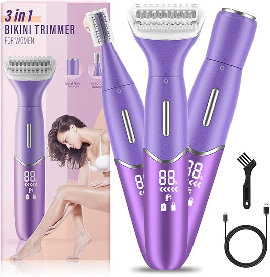 Bikini Trimmer for Women, 3 in 1 Painless Electric Razors for Women, Replaceable Lady Facial Razor & Eyebrow Trimmer, Rechargeable Women's Grooming Kit
